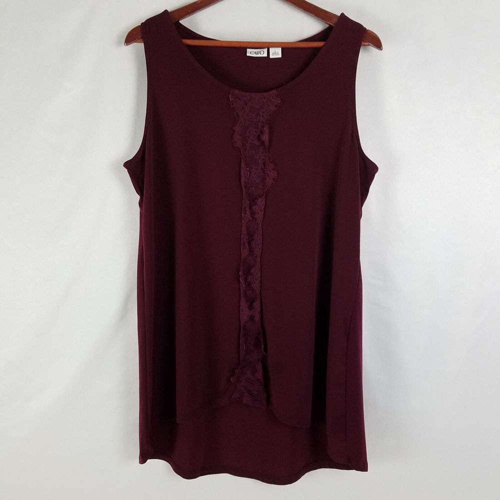 Cato Shirt‎ Womens Large Red Top Solid Lace Accent Sleeveless Round Neck Blouse